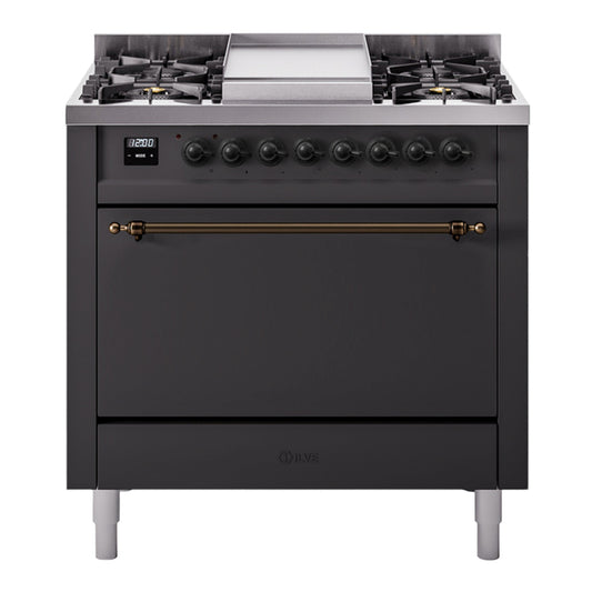 ILVE Nostalgie II 36" Graphite Matte Dual Fuel Range with 6 Burners and Griddle Solid Door Natural Gas