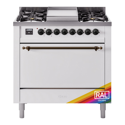 ILVE Nostalgie II 36" RAL Dual Fuel Range with 6 Burners and Griddle Solid Door Natural Gas