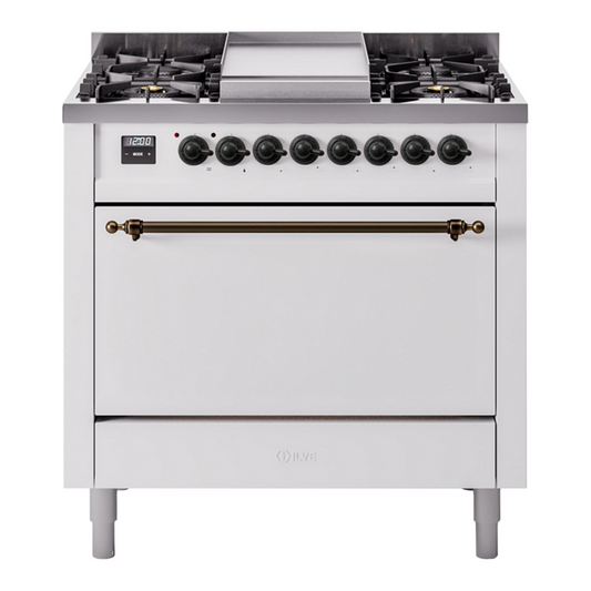 ILVE Nostalgie II 36" White Dual Fuel Range with 6 Burners and Griddle Solid Door Liquid Propane