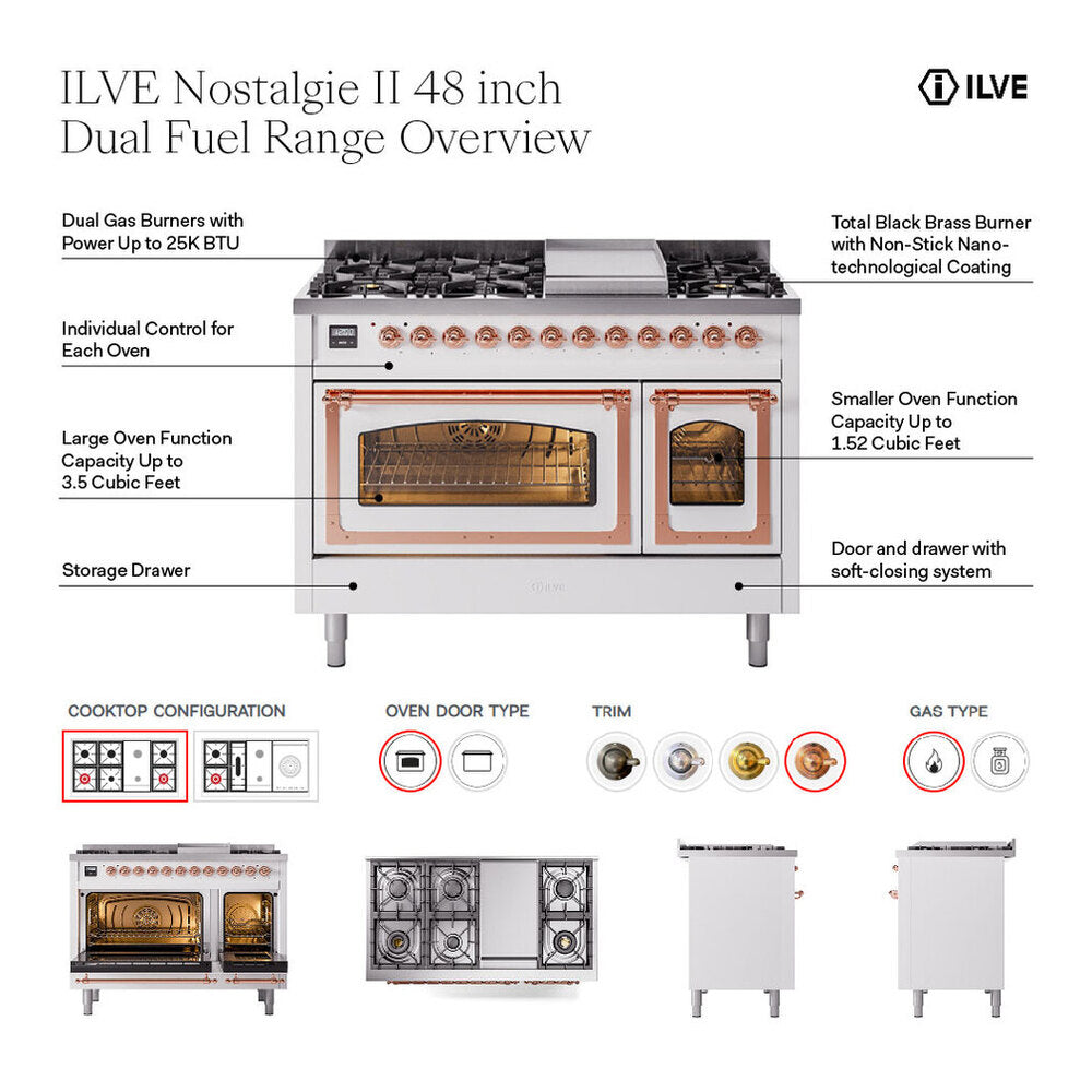 ILVE Nostalgie II 48" Antique White Dual Fuel Range with 8 Burners and Griddle Triple Glass Door Liquid Propane