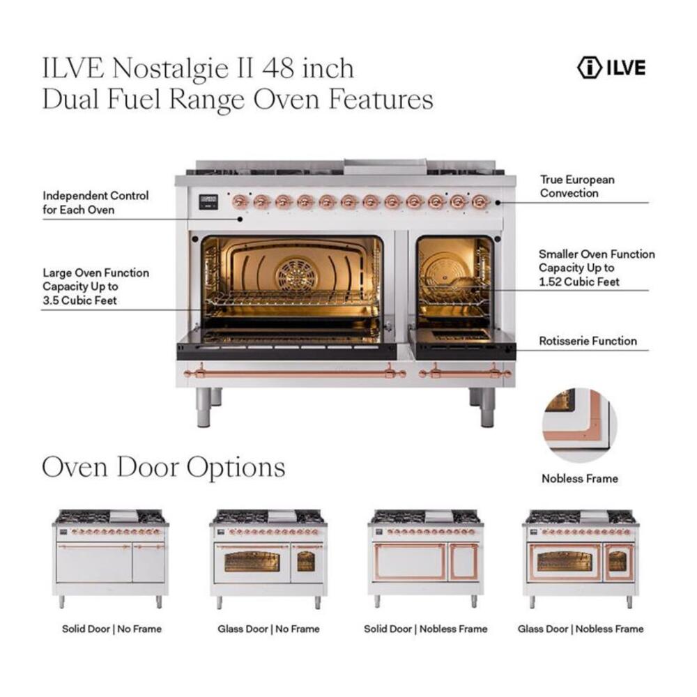 ILVE Nostalgie II 48" Antique White Dual Fuel Range with 8 Burners and Griddle Triple Glass Door Liquid Propane