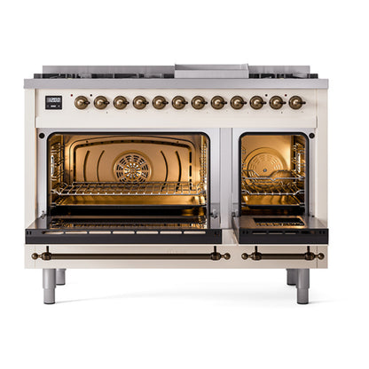 ILVE Nostalgie II 48" Antique White Dual Fuel Range with 8 Burners and Griddle Triple Glass Door Liquid Propane