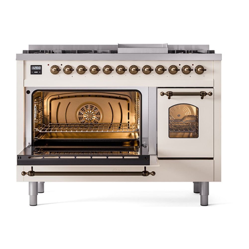 ILVE Nostalgie II 48" Antique White Dual Fuel Range with 8 Burners and Griddle Triple Glass Door Liquid Propane