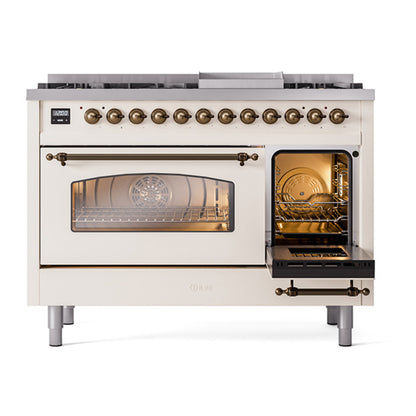 ILVE Nostalgie II 48" Antique White Dual Fuel Range with 8 Burners and Griddle Triple Glass Door Liquid Propane
