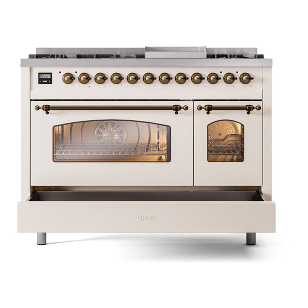 ILVE Nostalgie II 48" Antique White Dual Fuel Range with 8 Burners and Griddle Triple Glass Door Liquid Propane