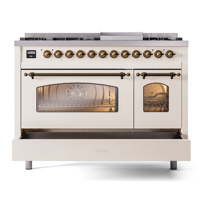 ILVE Nostalgie II 48" Antique White Dual Fuel Range with 8 Burners and Griddle Triple Glass Door Liquid Propane