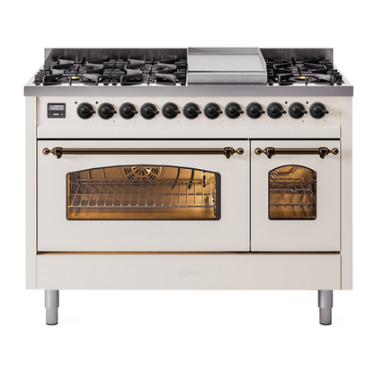 ILVE Nostalgie II 48" Antique White Dual Fuel Range with 8 Burners and Griddle Triple Glass Door Natural Gas