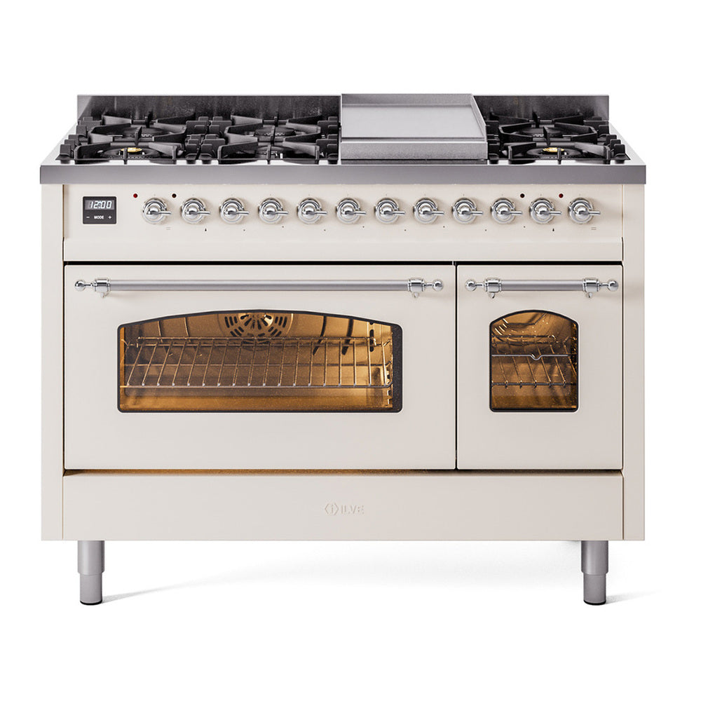 ILVE Nostalgie II 48" Antique White Dual Fuel Range with 8 Burners and Griddle Triple Glass Door Natural Gas