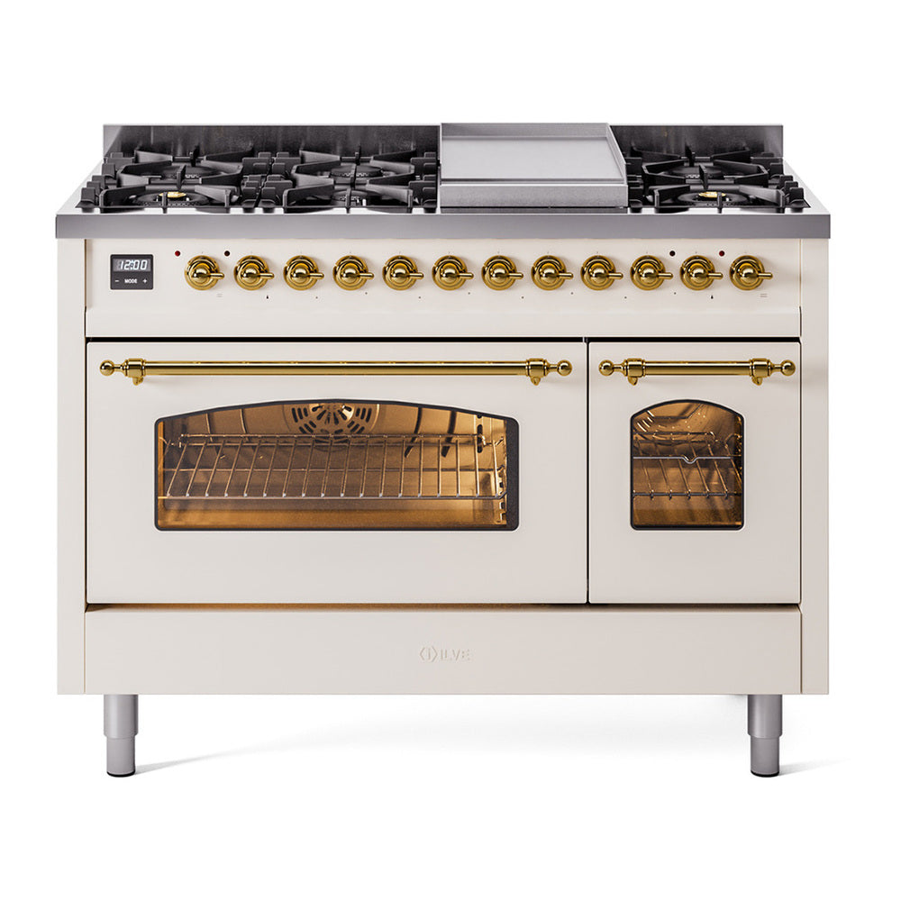 ILVE Nostalgie II 48" Antique White Dual Fuel Range with 8 Burners and Griddle Triple Glass Door Liquid Propane