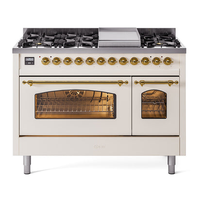 ILVE Nostalgie II 48" Antique White Dual Fuel Range with 8 Burners and Griddle Triple Glass Door Liquid Propane