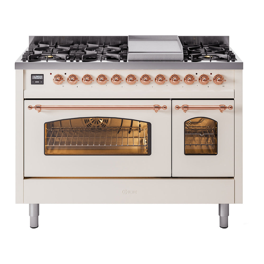 ILVE Nostalgie II 48" Antique White Dual Fuel Range with 8 Burners and Griddle Triple Glass Door Liquid Propane