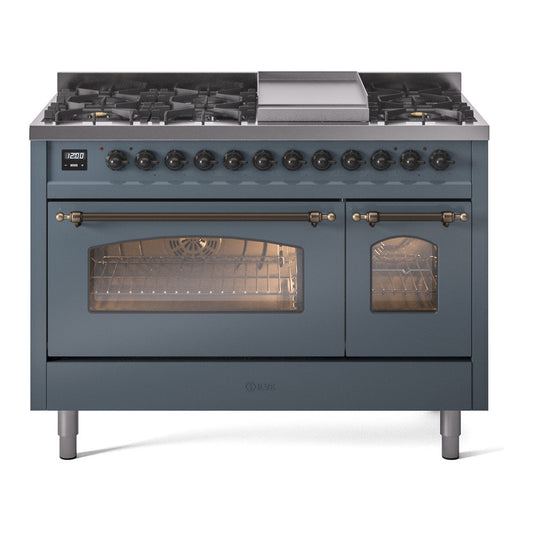 ILVE Nostalgie II 48" Blue Grey Dual Fuel Range with 8 Burners and Griddle Triple Glass Door Liquid Propane