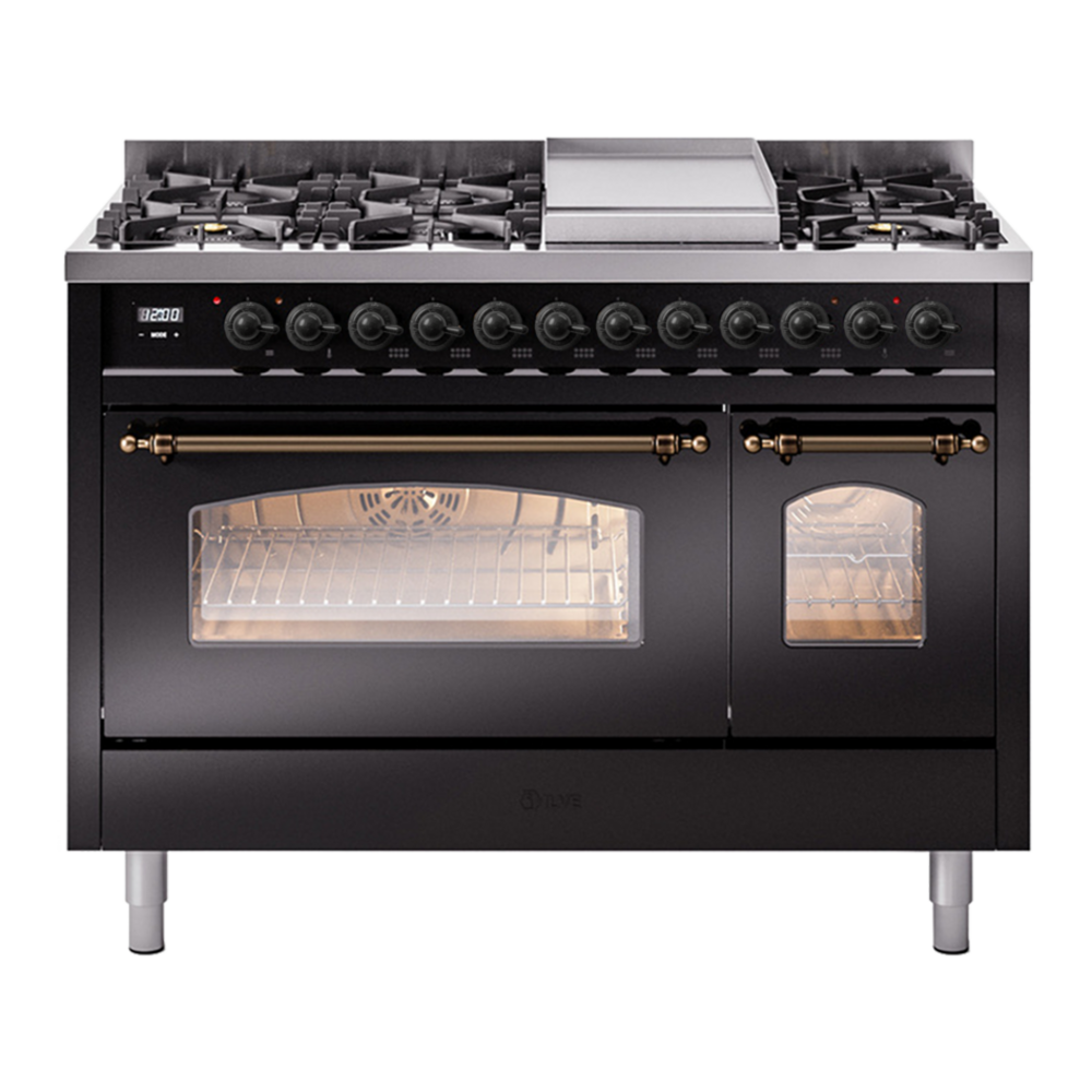 ILVE Nostalgie II 48" Glossy Black Dual Fuel Range with 8 Burners and Griddle Triple Glass Door Natural Gas