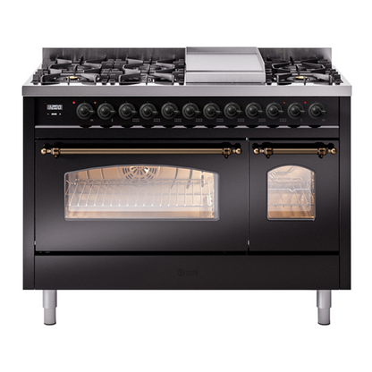 ILVE Nostalgie II 48" Glossy Black Dual Fuel Range with 8 Burners and Griddle Triple Glass Door Natural Gas