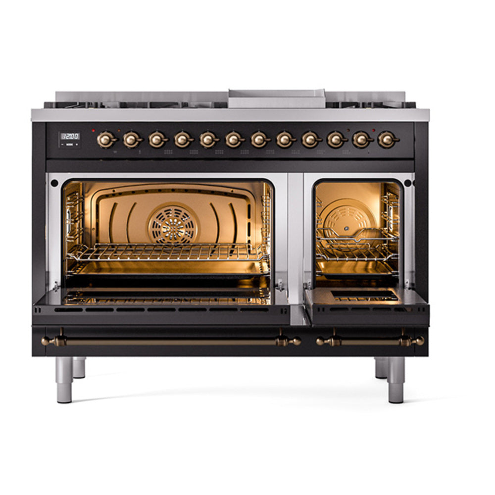 ILVE Nostalgie II 48" Glossy Black Dual Fuel Range with 8 Burners and Griddle Triple Glass Door Natural Gas