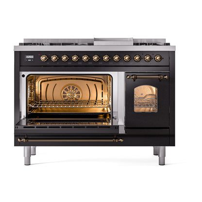 ILVE Nostalgie II 48" Glossy Black Dual Fuel Range with 8 Burners and Griddle Triple Glass Door Natural Gas