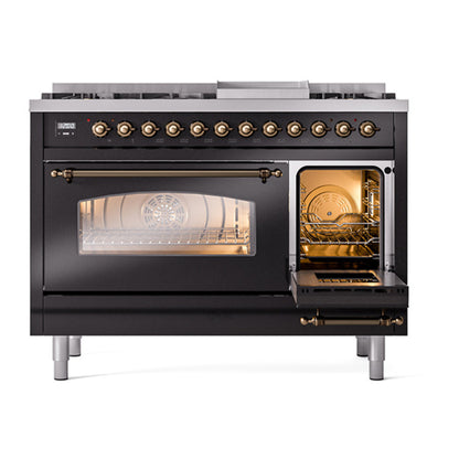 ILVE Nostalgie II 48" Glossy Black Dual Fuel Range with 8 Burners and Griddle Triple Glass Door Natural Gas