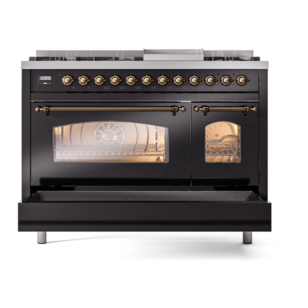 ILVE Nostalgie II 48" Glossy Black Dual Fuel Range with 8 Burners and Griddle Triple Glass Door Natural Gas