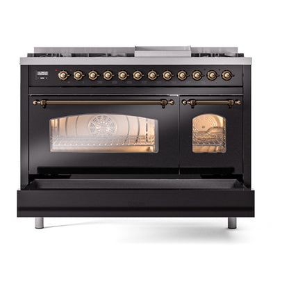 ILVE Nostalgie II 48" Glossy Black Dual Fuel Range with 8 Burners and Griddle Triple Glass Door Natural Gas