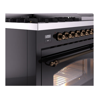 ILVE Nostalgie II 48" Glossy Black Dual Fuel Range with 8 Burners and Griddle Triple Glass Door Natural Gas