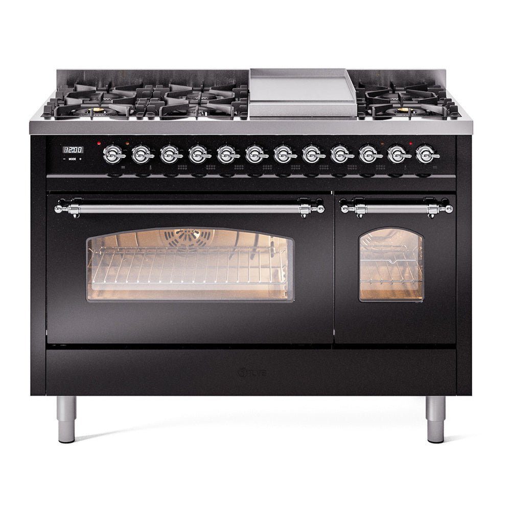 ILVE Nostalgie II 48" Glossy Black Dual Fuel Range with 8 Burners and Griddle Triple Glass Door Natural Gas