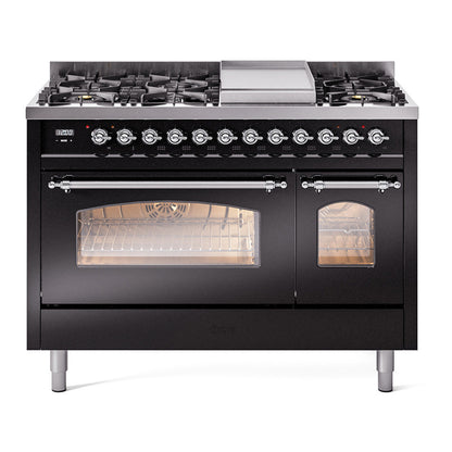 ILVE Nostalgie II 48" Glossy Black Dual Fuel Range with 8 Burners and Griddle Triple Glass Door Natural Gas