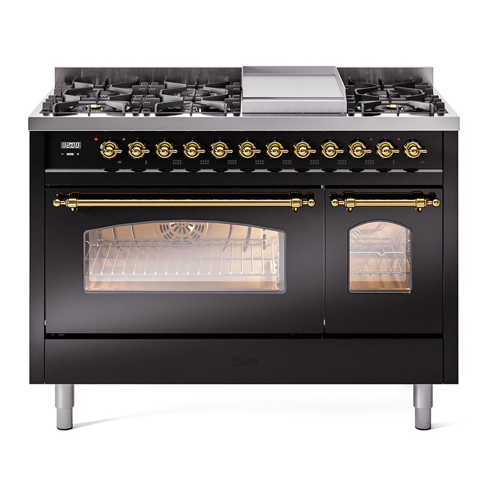 ILVE Nostalgie II 48" Glossy Black Dual Fuel Range with 8 Burners and Griddle Triple Glass Door Natural Gas