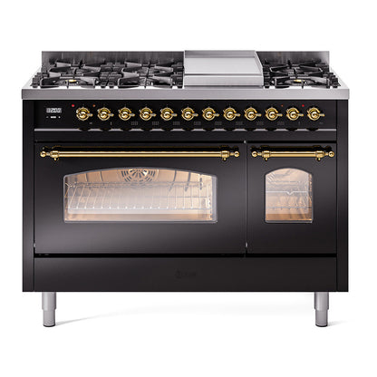 ILVE Nostalgie II 48" Glossy Black Dual Fuel Range with 8 Burners and Griddle Triple Glass Door Natural Gas
