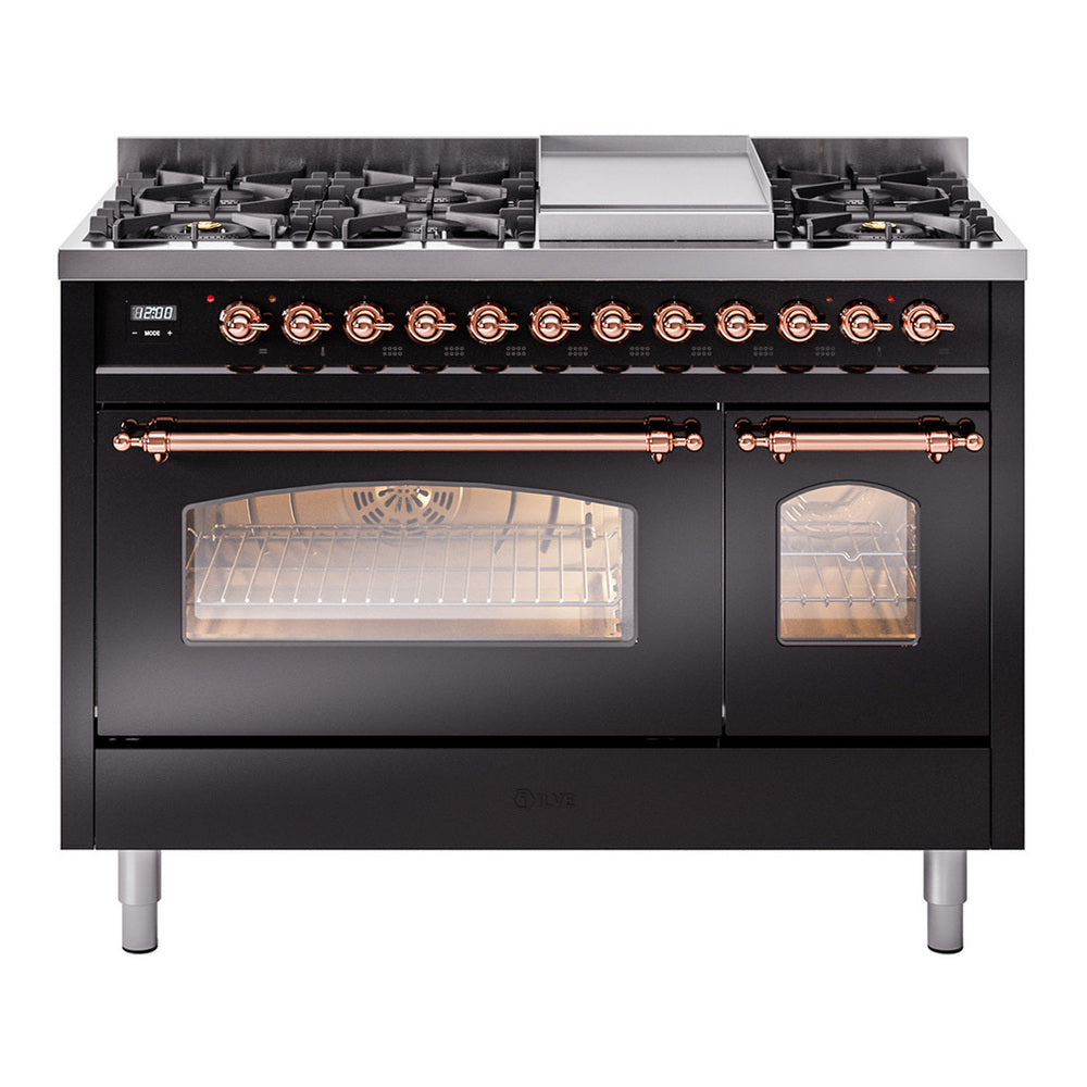 ILVE Nostalgie II 48" Glossy Black Dual Fuel Range with 8 Burners and Griddle Triple Glass Door Natural Gas