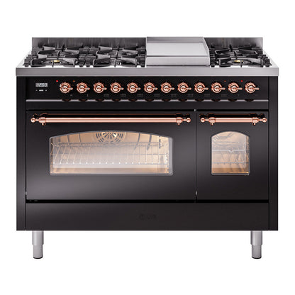 ILVE Nostalgie II 48" Glossy Black Dual Fuel Range with 8 Burners and Griddle Triple Glass Door Natural Gas