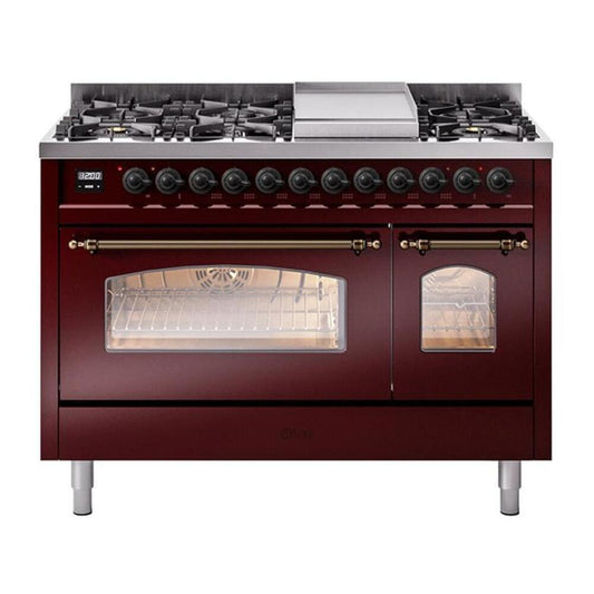 ILVE Nostalgie II 48" Burgundy Dual Fuel Range with 8 Burners and Griddle Triple Glass Door Liquid Propane