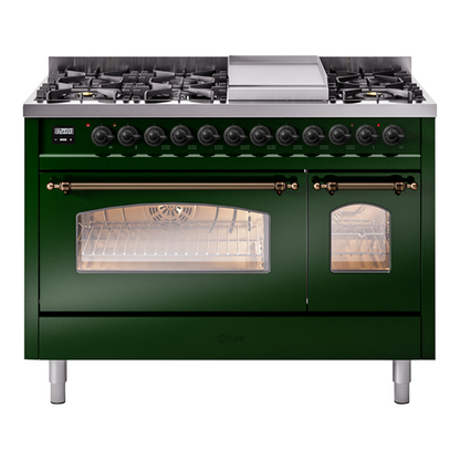 ILVE Nostalgie II 48" Emerald Green Dual Fuel Range with 8 Burners and Griddle Triple Glass Door Natural Gas
