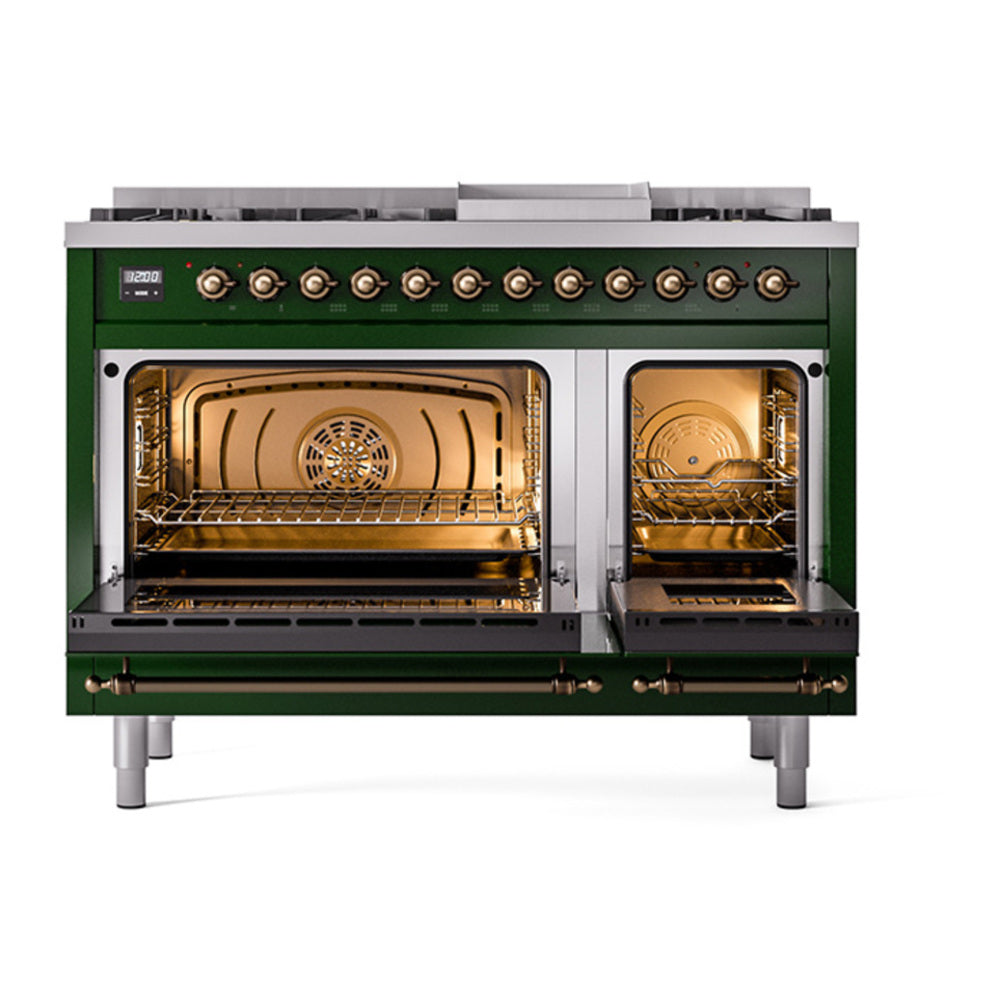 ILVE Nostalgie II 48" Emerald Green Dual Fuel Range with 8 Burners and Griddle Triple Glass Door Natural Gas