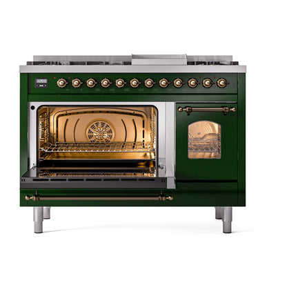 ILVE Nostalgie II 48" Emerald Green Dual Fuel Range with 8 Burners and Griddle Triple Glass Door Natural Gas