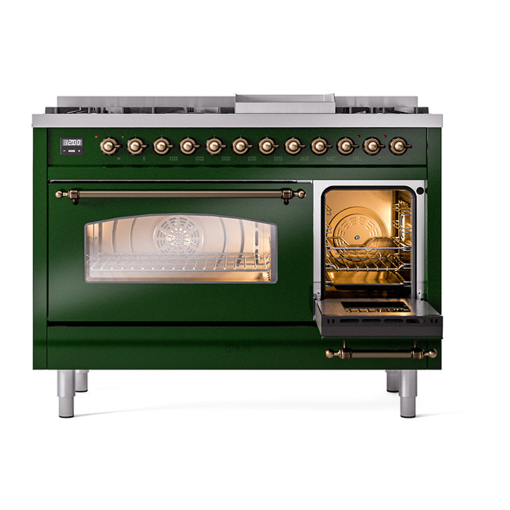 ILVE Nostalgie II 48" Emerald Green Dual Fuel Range with 8 Burners and Griddle Triple Glass Door Natural Gas