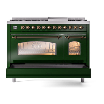 ILVE Nostalgie II 48" Emerald Green Dual Fuel Range with 8 Burners and Griddle Triple Glass Door Natural Gas