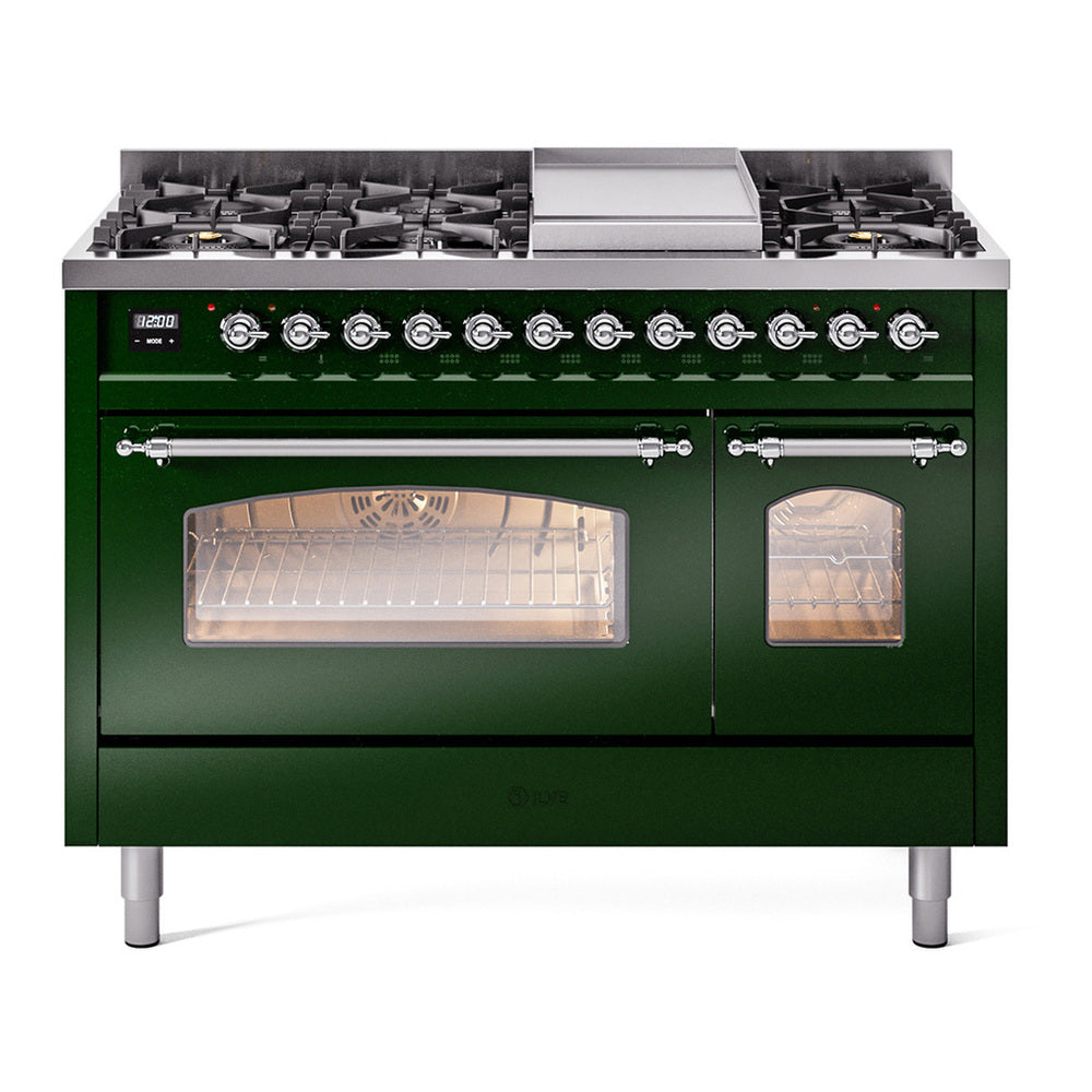 ILVE Nostalgie II 48" Emerald Green Dual Fuel Range with 8 Burners and Griddle Triple Glass Door Natural Gas