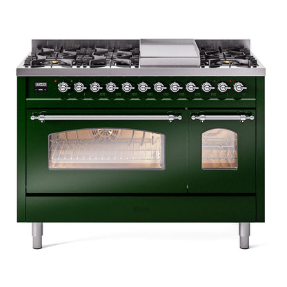 ILVE Nostalgie II 48" Emerald Green Dual Fuel Range with 8 Burners and Griddle Triple Glass Door Natural Gas
