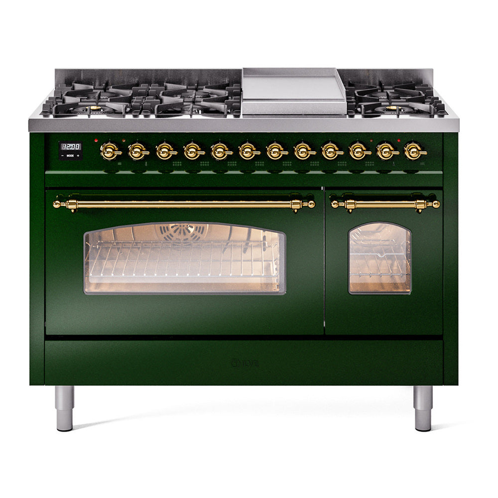 ILVE Nostalgie II 48" Emerald Green Dual Fuel Range with 8 Burners and Griddle Triple Glass Door Natural Gas