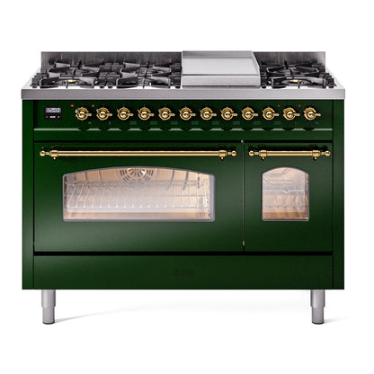 ILVE Nostalgie II 48" Emerald Green Dual Fuel Range with 8 Burners and Griddle Triple Glass Door Natural Gas