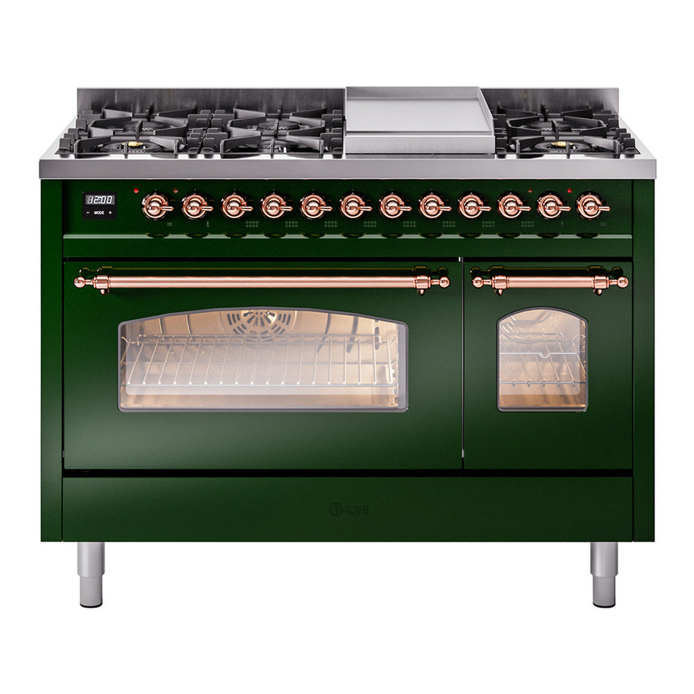 ILVE Nostalgie II 48" Emerald Green Dual Fuel Range with 8 Burners and Griddle Triple Glass Door Natural Gas