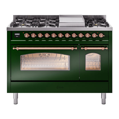 ILVE Nostalgie II 48" Emerald Green Dual Fuel Range with 8 Burners and Griddle Triple Glass Door Natural Gas