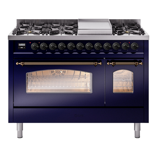 ILVE Nostalgie II 48" Midnight Blue Dual Fuel Range with 8 Burners and Griddle Triple Glass Door Liquid Propane