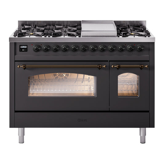 ILVE Nostalgie II 48" Graphite Matte Dual Fuel Range with 8 Burners and Griddle Triple Glass Door Liquid Propane