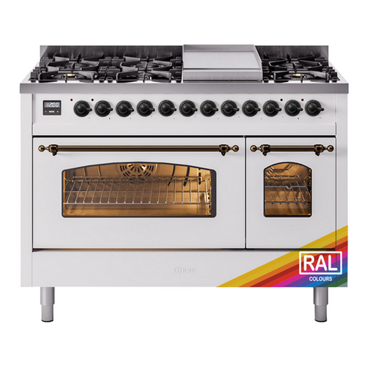 ILVE Nostalgie II 48" RAL Dual Fuel Range with 8 Burners and Griddle Triple Glass Door Liquid Propane