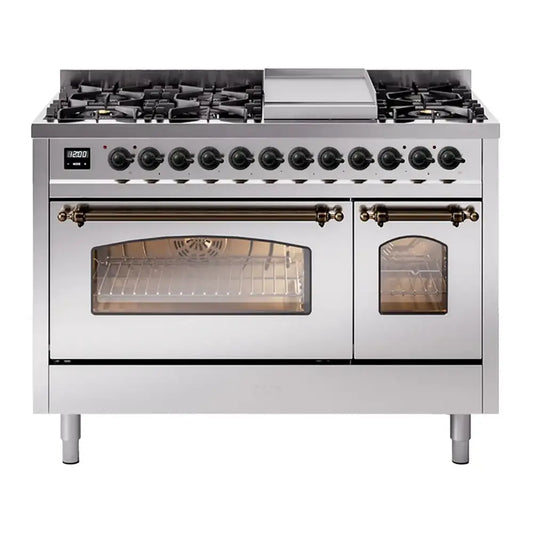 ILVE Nostalgie II 48" Stainless Steel Dual Fuel Range with 8 Burners and Griddle Triple Glass Door Liquid Propane
