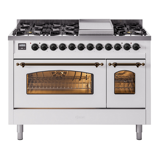 ILVE Nostalgie II 48" White Dual Fuel Range with 8 Burners and Griddle Triple Glass Door Liquid Propane