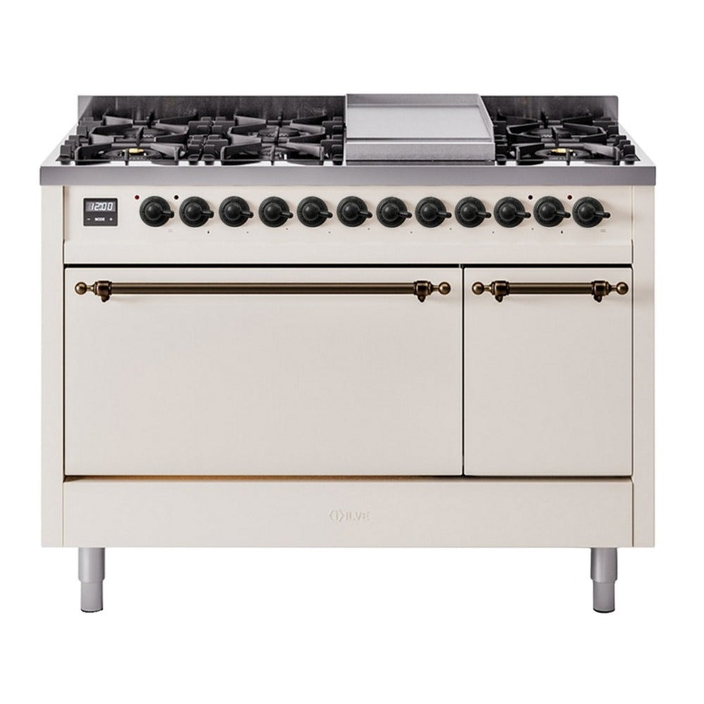 ILVE Nostalgie II 48" Antique White Dual Fuel Range with 8 Burners and Griddle Solid Door Natural Gas