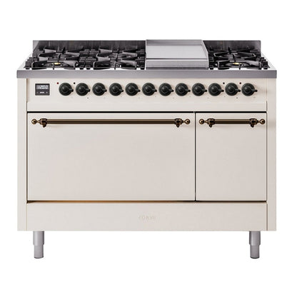 ILVE Nostalgie II 48" Antique White Dual Fuel Range with 8 Burners and Griddle Solid Door Natural Gas