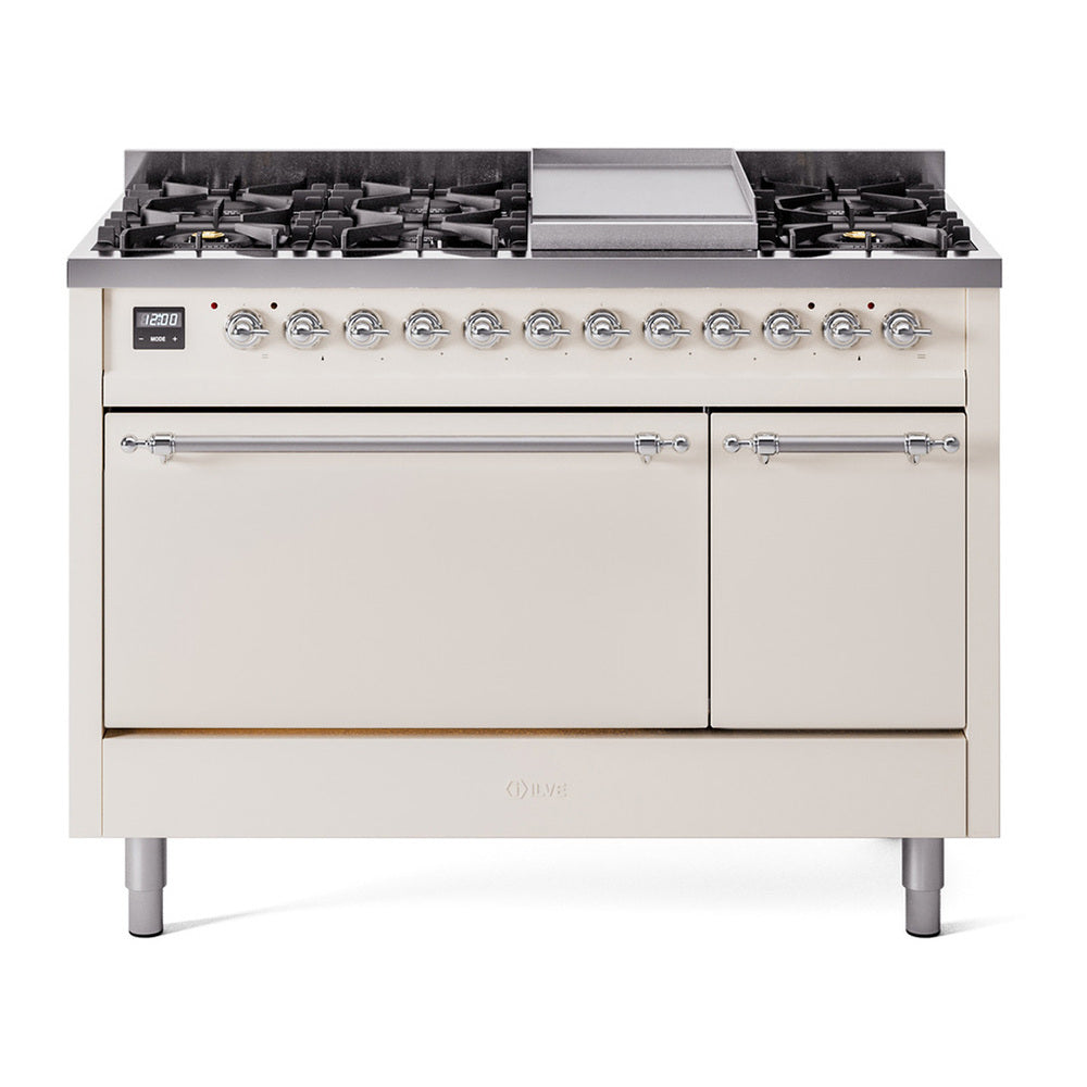 ILVE Nostalgie II 48" Antique White Dual Fuel Range with 8 Burners and Griddle Solid Door Natural Gas